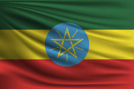 The national flag of Ethiopia. The symbol of the state on wavy silk fabric. Realistic vector illustration.のイラスト素材
