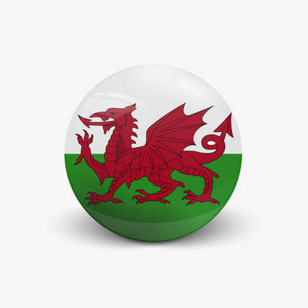 Realistic ball with flag of Wales. Sphere with a reflection of the incident light with shadow.のイラスト素材