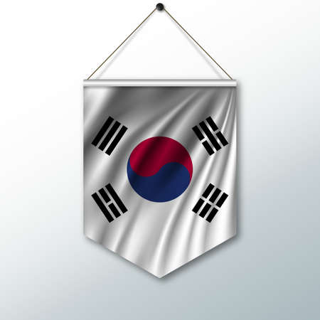 The national flag of South Korea. The symbol of the state in the pennant hanging on the rope. Realistic vector illustration.のイラスト素材