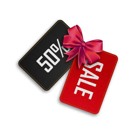 Red and black tag discount with red bow. Realistic vector illustration for your design.のイラスト素材