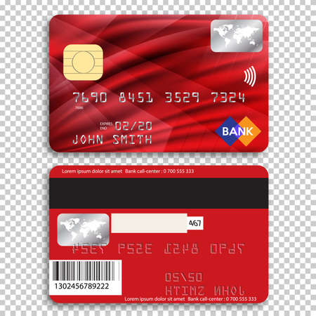 Realistic detailed credit card. Front and back side. Vector illustration of a bank card on a transparent background.のイラスト素材