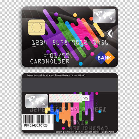 Realistic detailed credit card. Front and back side. Vector illustration of a bank card on a transparent background.のイラスト素材