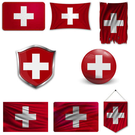 Set of the national flag of Switzerland in different designs on a white background. Realistic vector illustration.のイラスト素材