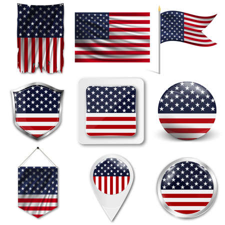 A set of the alternative national flag of the USA in different designs on a white background. Realistic vector illustration.のイラスト素材