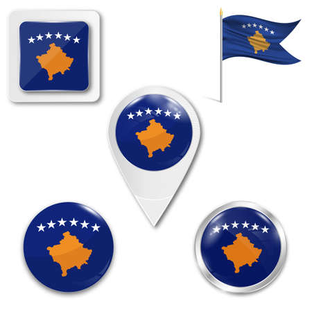 Set of icons of the national flag of Kosovo in different designs on a white background. Realistic vector illustration. Button, pointer and checkbox.のイラスト素材