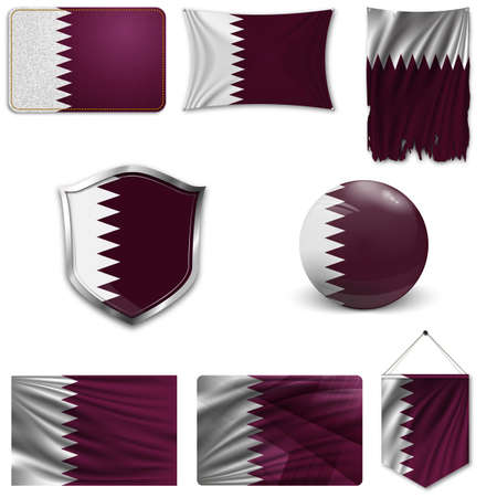 Set of the national flag of Qatar in different designs on a white background. Realistic vector illustration.のイラスト素材