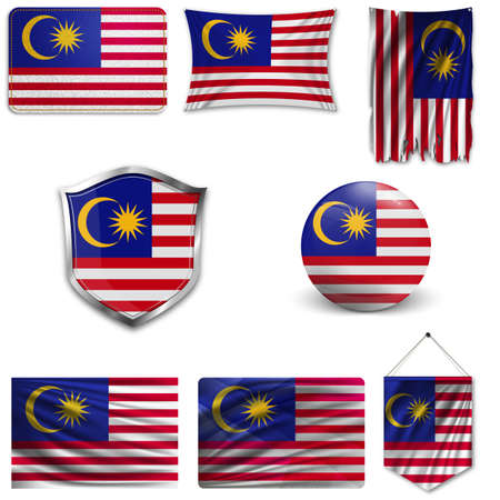 Set of the national flag of Malaysia in different designs on a white background. Realistic vector illustration.のイラスト素材