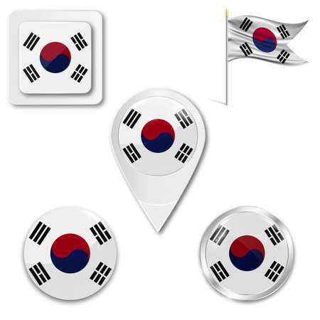 Set of icons of the national flag of South Korea in different designs on a white background. Realistic vector illustration. Button, pointer and checkbox.のイラスト素材