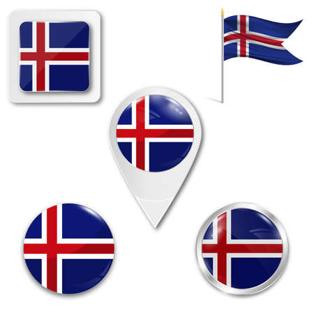 Set of icons of the national flag of Iceland in different designs on a white background. Realistic vector illustration. Button, pointer and checkbox.のイラスト素材