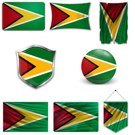 Set of the national flag of Guyana in different designs on a white background. Realistic vector illustration.のイラスト素材
