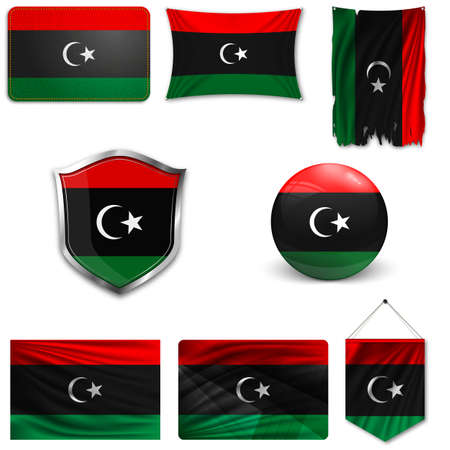 Set of the national flag of Libya in different designs on a white background. Realistic vector illustration.のイラスト素材