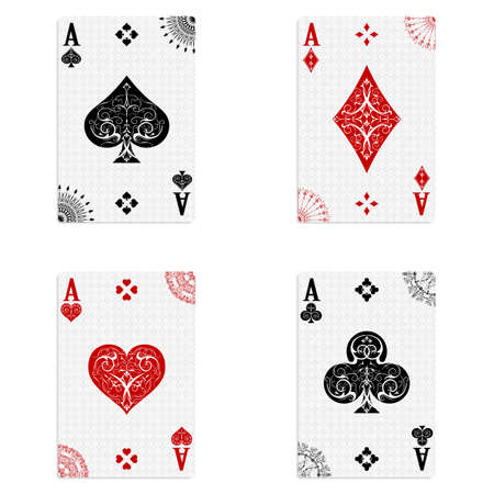 Set of four aces of a deck of cards for playing poker and casino on a white background in vintage style. spades, diamonds, clubs and hearts.のイラスト素材