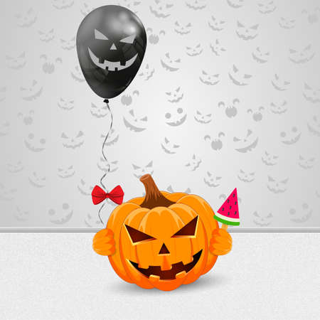 Pumpkin with ice cream and a black balloon in his hands. A room with a pattern of terrible smiles for Halloween. The main symbol of happy Halloween. Vector illustration.のイラスト素材