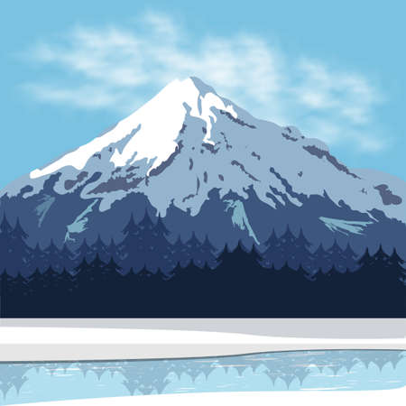 Mountain landscape with forest and frozen river. Clear sky with clouds above the peak of the slopeのイラスト素材