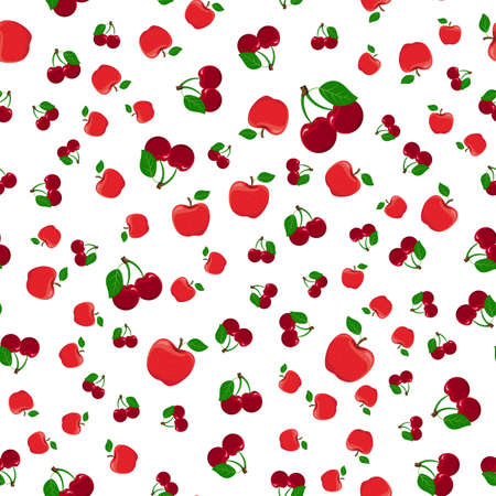 Seamless pattern of red apples and cherries with a green leaf on a white background. Vector illustration.のイラスト素材