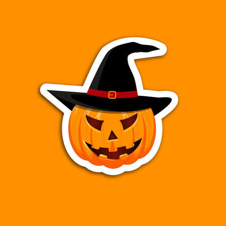 Pumpkin sticker on an orange background. The main symbol of the Happy Halloween holiday. Orange pumpkin with smile for your design for the holiday Halloween. Vector illustration.のイラスト素材