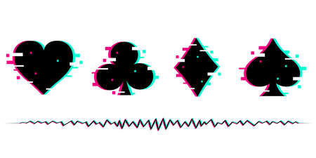 Set of suits deck of cards for playing poker and casino with glitch effect.のイラスト素材