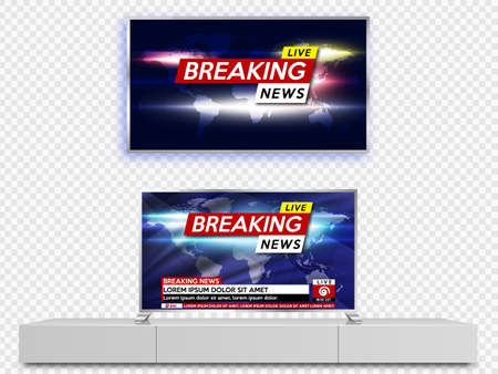 LCD TV set is hanging on the wall with breaking news.のイラスト素材