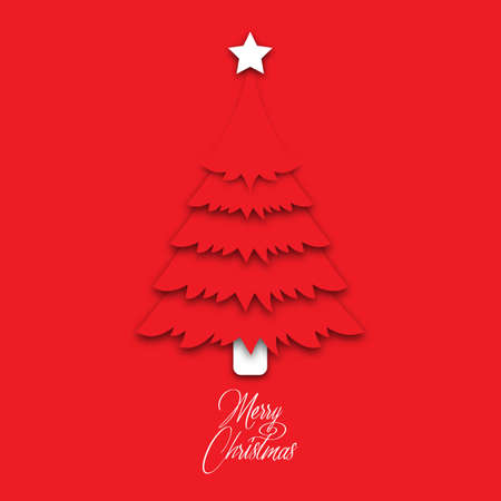 Red Christmas tree made from paper on red background. Design elements for holiday cards. Vector illustration.のイラスト素材