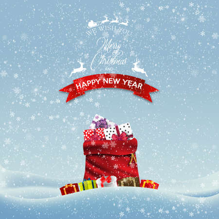Happy New Year and Merry Christmas. Christmas red bag with gifts from Santa Claus in Winter background layout Vector illustration.のイラスト素材
