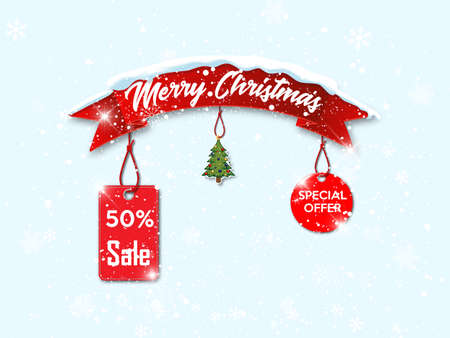 Christmas sale banner. Red realistic ribbon Merry Christmas and discount tags isolated on snow background. Vector illustration.