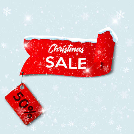 Red realistic curved paper Merry Christmas and sale tag banner isolated on snow background. Vector illustration.のイラスト素材