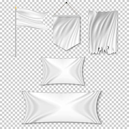 Set white textile banners and flags on transparent background. Vector illustration.のイラスト素材