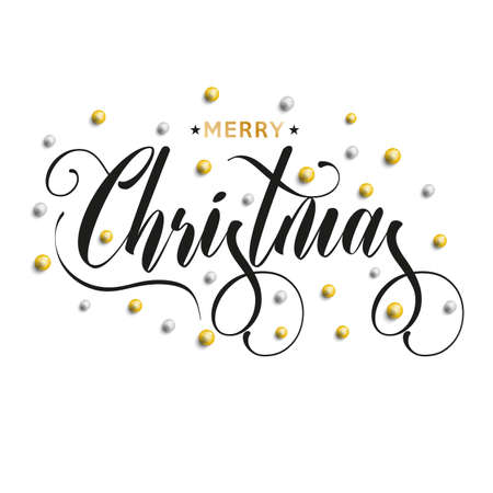 Merry Christmas inscription decorated with gold and silver beads. Vector illustration.のイラスト素材
