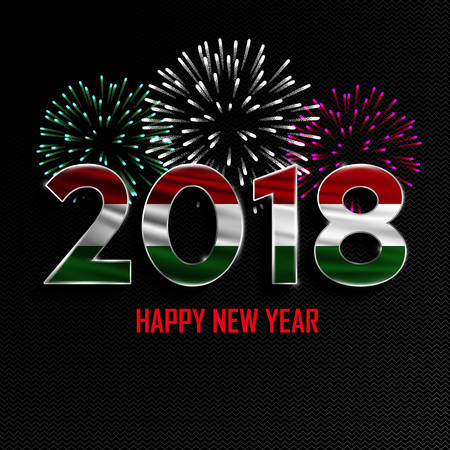Happy New Year and Merry Christmas. 2018 New Year background with national flag of Hungary and fireworks. Vector illustration.のイラスト素材