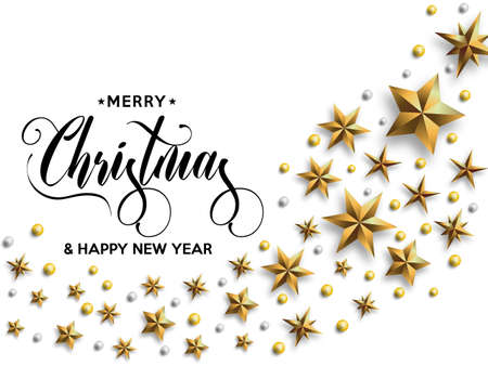 Merry Christmas inscription decorated with gold stars and beads. Vector illustration.のイラスト素材