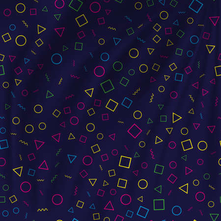 Memphis pattern on dark background. Colorful geometric pattern different shapes color style. Vector...