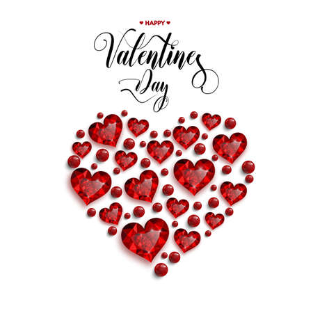 Happy Valentine's Day inscription. Red heart from rubies and beads. Valentine's card. Vector illustration.のイラスト素材
