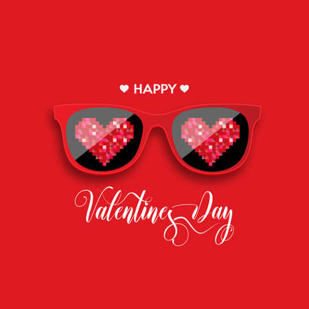 Happy Valentine's Day. Red hipster glasses with pixel hearts. Vector illustration.のイラスト素材
