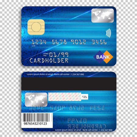 Realistic detailed credit card. Front and back side. Vector illustration of bank card on transparent background.のイラスト素材