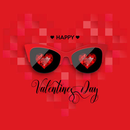 Happy Valentine's Day. Red cat glasses with ruby hearts. Vector illustration.のイラスト素材