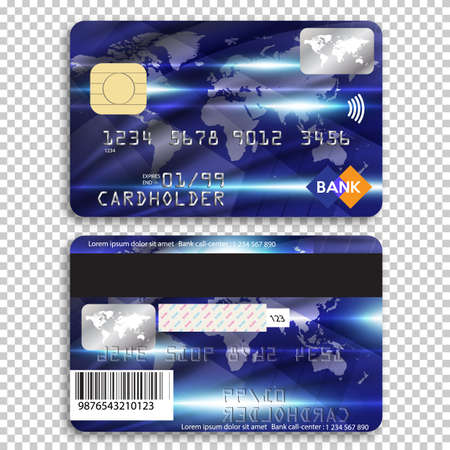Realistic detailed credit card. Front and back side. Vector illustration of bank card on transparent background.のイラスト素材