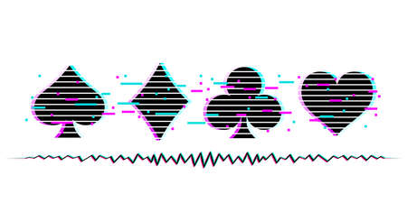 Set of suits deck of cards for playing poker and casino with glitch effect. Vector illustration.