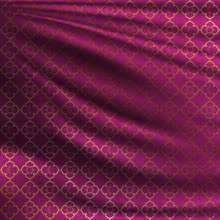 Golden oriental pattern on wavy silk fabric. Realistic vector illustration. Lovely background for your design in the great Ramadan Kareem.のイラスト素材