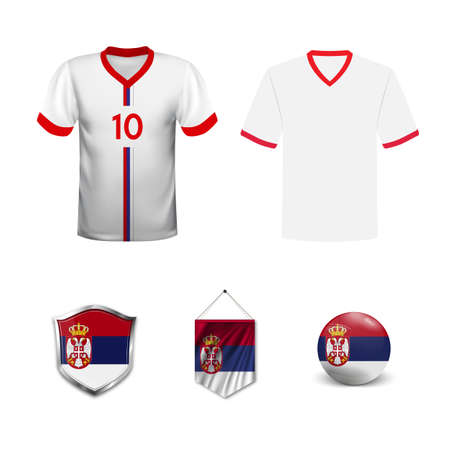 Set of T-shirts and flags of the national team of Serbia. Vector illustration.のイラスト素材