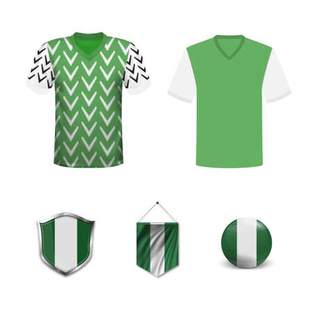 Set of T-shirts and flags of the national team of Nigeria. Vector illustration.のイラスト素材
