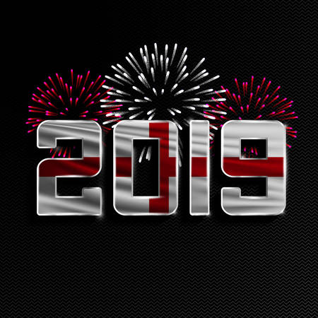 Happy New Year and Merry Christmas. 2019 New Year background with national flag of England and fireworks. Vector illustration.のイラスト素材