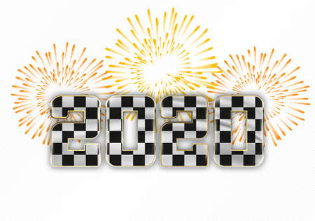 Happy New Year and Merry Christmas. 2020 New Year background with checkered racing flag and...