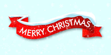 Red realistic curved ribbon Merry Christmas banner isolated on snow background. Vector illustration.のイラスト素材