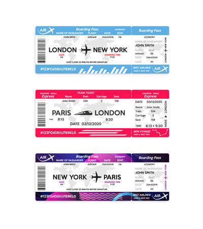 Airplane and Train boarding pass ticket isolated on white background. Concept of travel, journey or business trip. Vector illustration.のイラスト素材