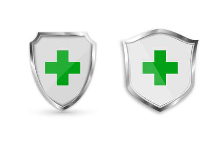 Set medical health protection shield with green cross. Protected steel guard shield concept. Security safeguard metal label. Vector illustration.のイラスト素材