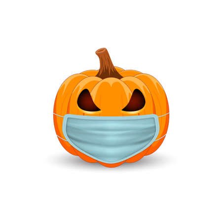 Pumpkin with medical mask on white background. The main symbol of the Happy Halloween holiday. Orange pumpkin with smile for your design for the holiday Halloween. Vector illustration.のイラスト素材