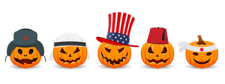 Pumpkin on white background. The main symbol of the Happy Halloween holiday. Pumpkin with national hat. vector illustration.のイラスト素材