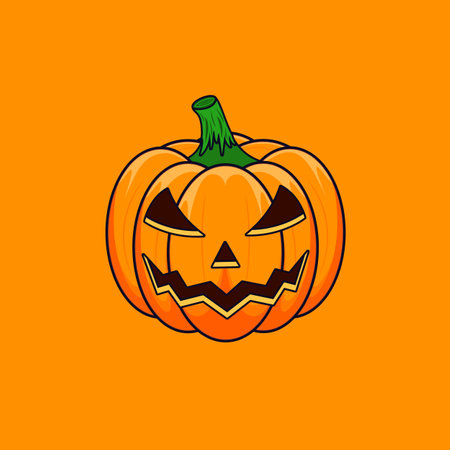 Halloween Cartoon Outline Pumpkin isolated on orange background. The main symbol of the Happy Halloween holiday. Orange spooky pumpkin with scary smile holiday Halloween.のイラスト素材