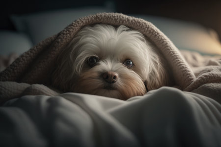 A young Maltese dog under a blanket. The pet is basking under the plaid. The concept of caring for pets. Generative AI.の素材