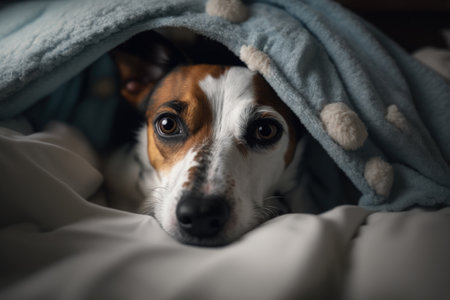 A young Jack Russell Terrier dog under a blanket. The pet is basking under the plaid. The concept of caring for pets. Generative AI.の素材